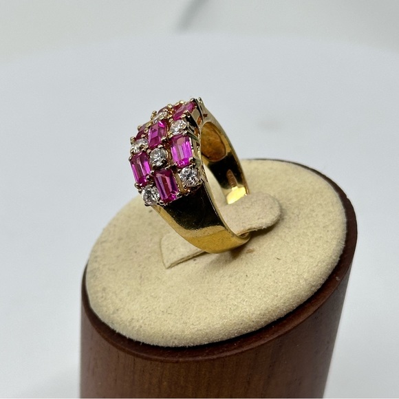 Sz. 8.75 Vintage Cocktail Sterling Silver & Gold Ring with Pink Rubies& Diamond - Picture 7 of 14